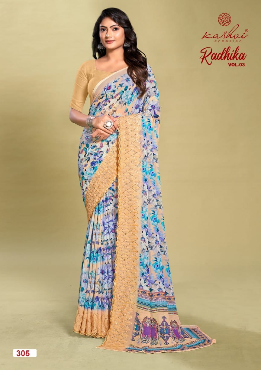 Radhika Vol 3 By Kashvi Embroidery Weightless Printed Sarees Wholesale Online	